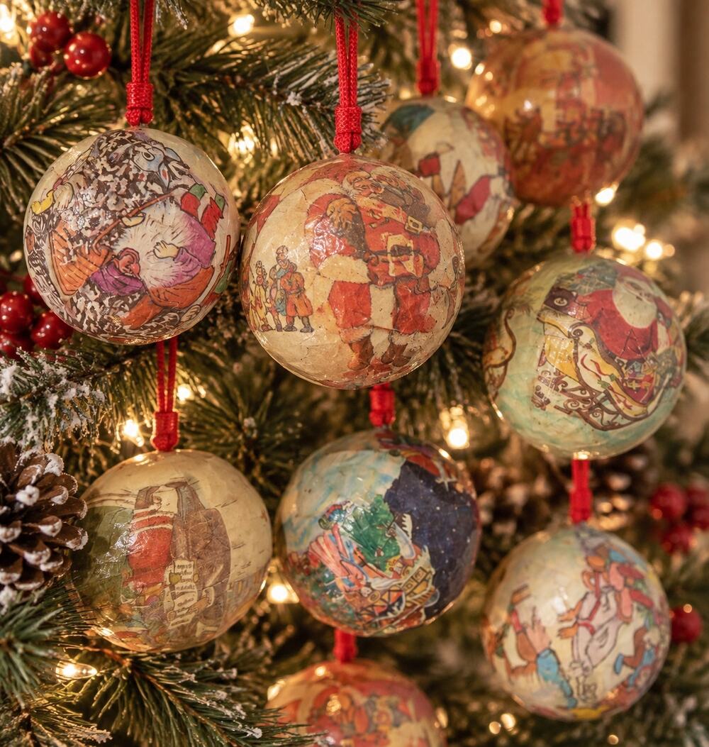Paper Mache Christmas Ornaments Santa Holiday Scenes Vintage 2.5 Inch Lot of 10